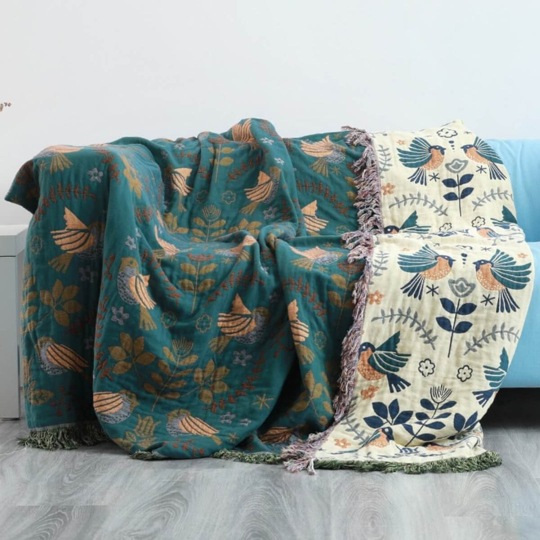 Reversible Scandinavian Bird Blanket – Premium Cotton Fabric with Two Unique Patterns – Versatile Use