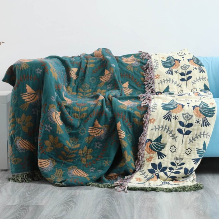 Reversible Scandinavian Bird Blanket – Premium Cotton Fabric with Two Unique Patterns – Versatile Use