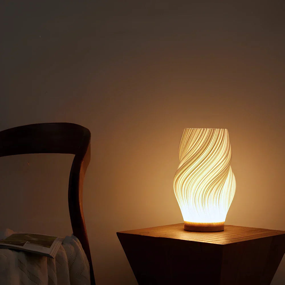 LumiForma – Dimmable USB Table Lamp with Wavy Design and Wooden Base