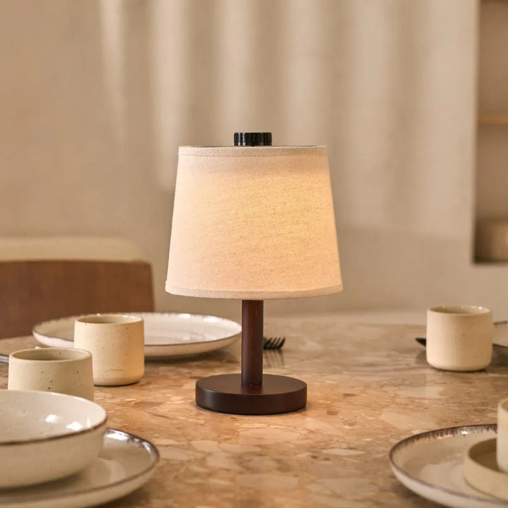 Rover dark brown wooden lamp – rechargeable, wireless, and dimmable lampshade