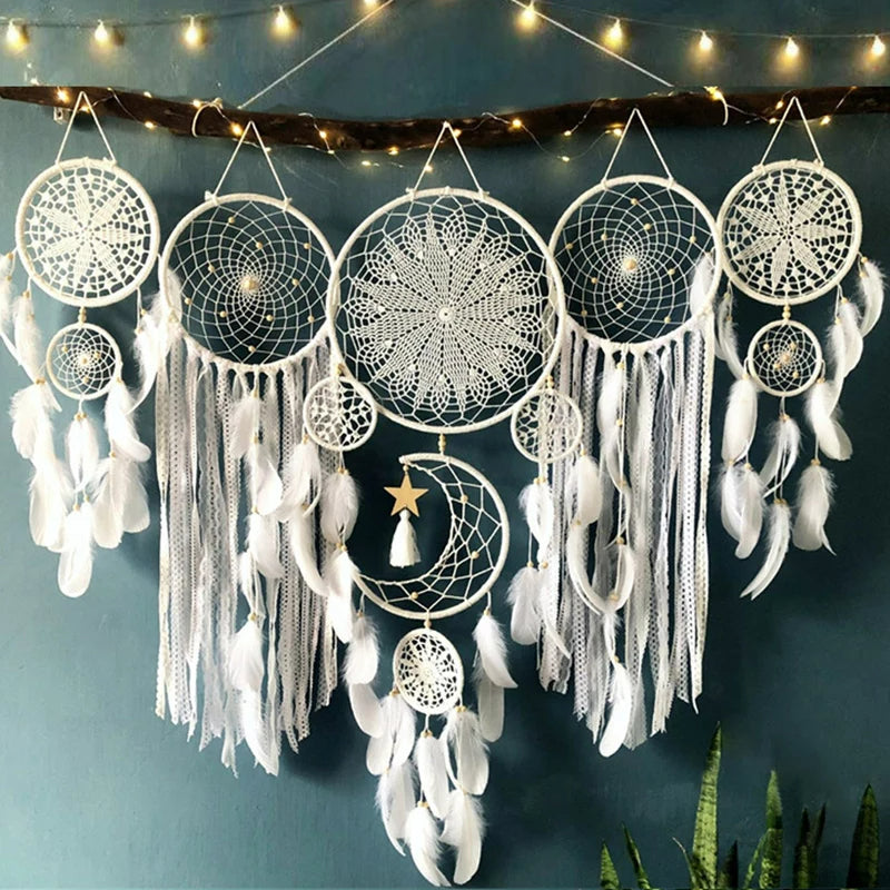 MoonGlow Dreamcatcher - Handwoven Macramé with Moon and Star Motif - Create a Peaceful Sleeping Space