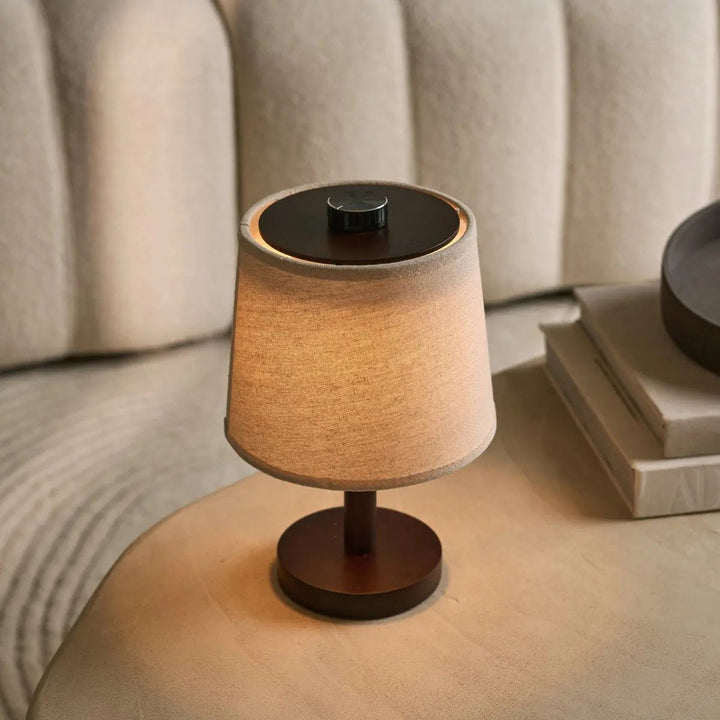 Rover dark brown wooden lamp – rechargeable, wireless, and dimmable lampshade