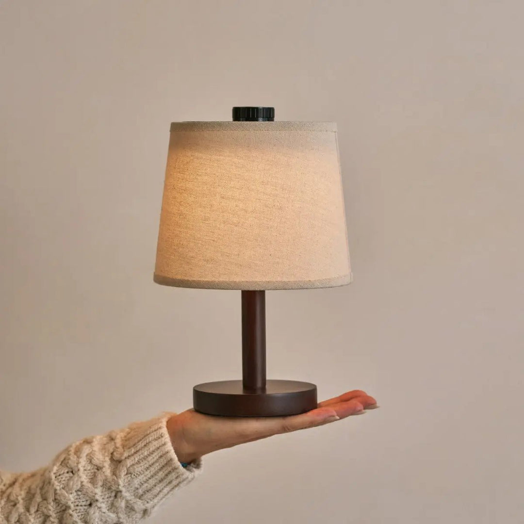 Rover dark brown wooden lamp – rechargeable, wireless, and dimmable lampshade