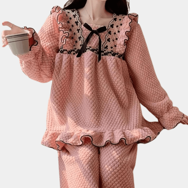 FluffLuxe - Elegant Pink Pajama Set with Ruffle Details - Cozy Fluffy Nightwear with a Stylish Touch