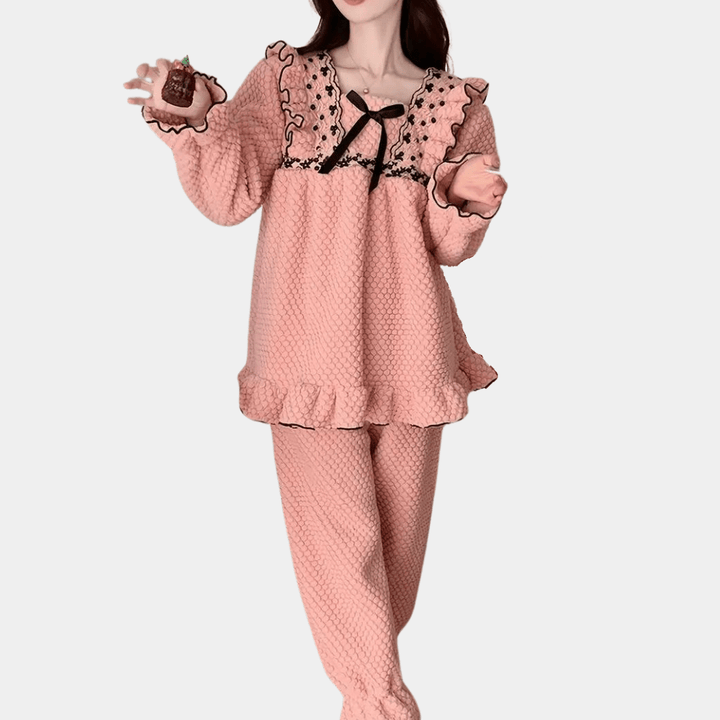 FluffLuxe - Elegant Pink Pajama Set with Ruffle Details - Cozy Fluffy Nightwear with a Stylish Touch