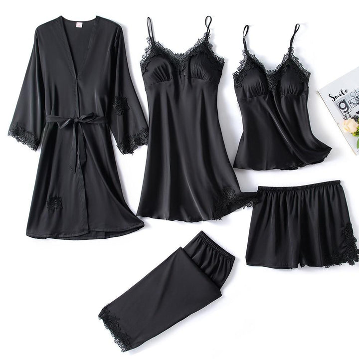 NoirSilk - 5-Piece Black Satin Pajama Set - Luxury Sleepwear with Lace