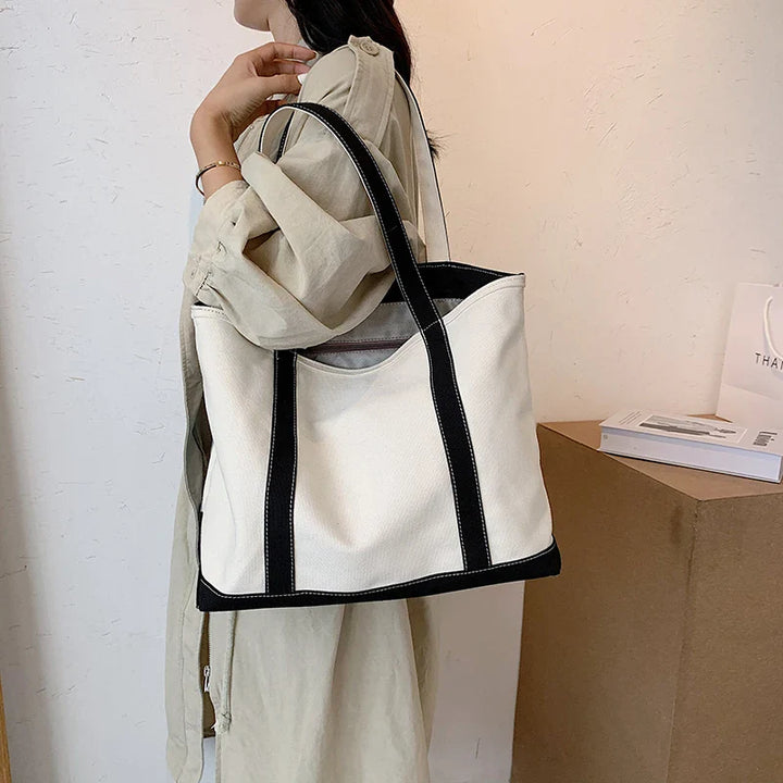 StripeCarry – Stylish Canvas Handbag with Large Capacity