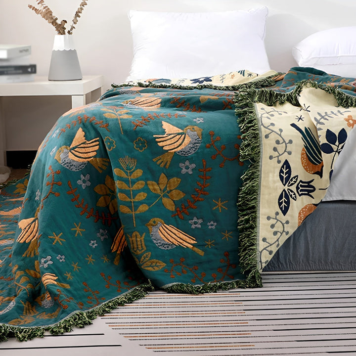 Naturanest Reversible Cotton Blanket - Bird and Flower Patterns - 100% Cotton with Elegant Embroidery