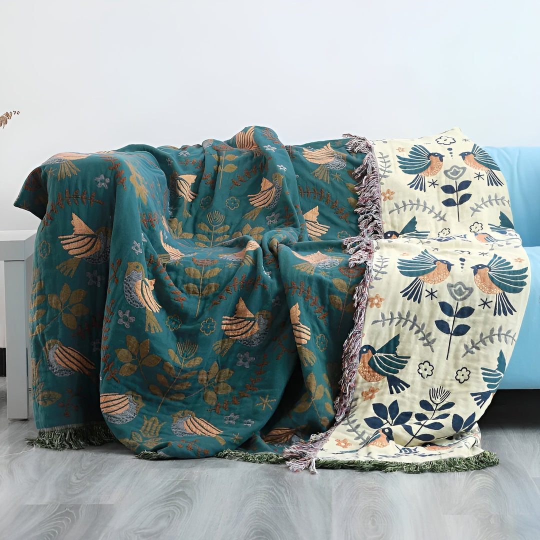 Naturanest Reversible Cotton Blanket - Bird and Flower Patterns - 100% Cotton with Elegant Embroidery