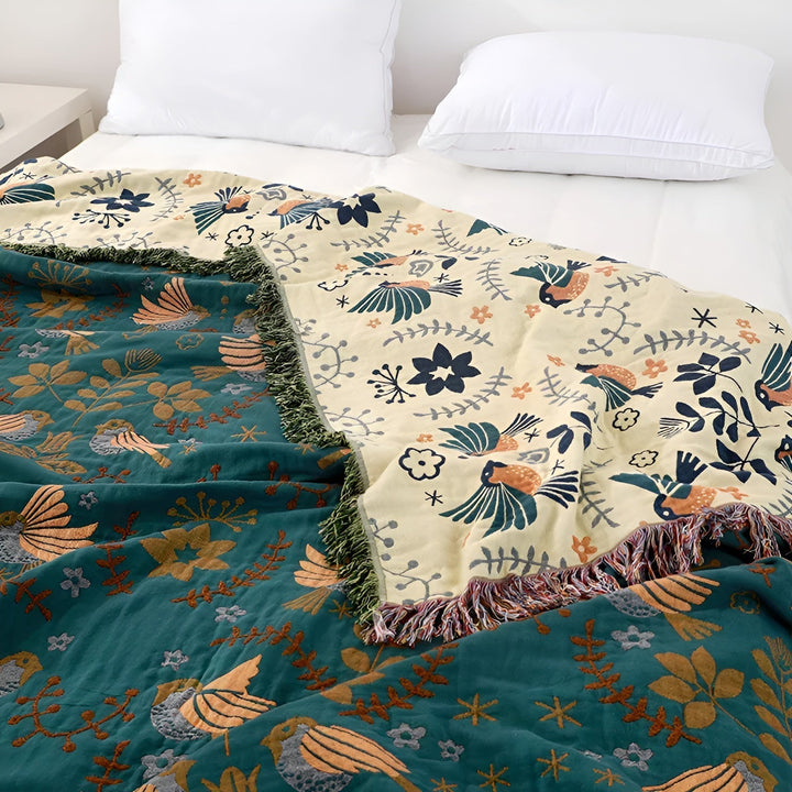 Naturanest Reversible Cotton Blanket - Bird and Flower Patterns - 100% Cotton with Elegant Embroidery