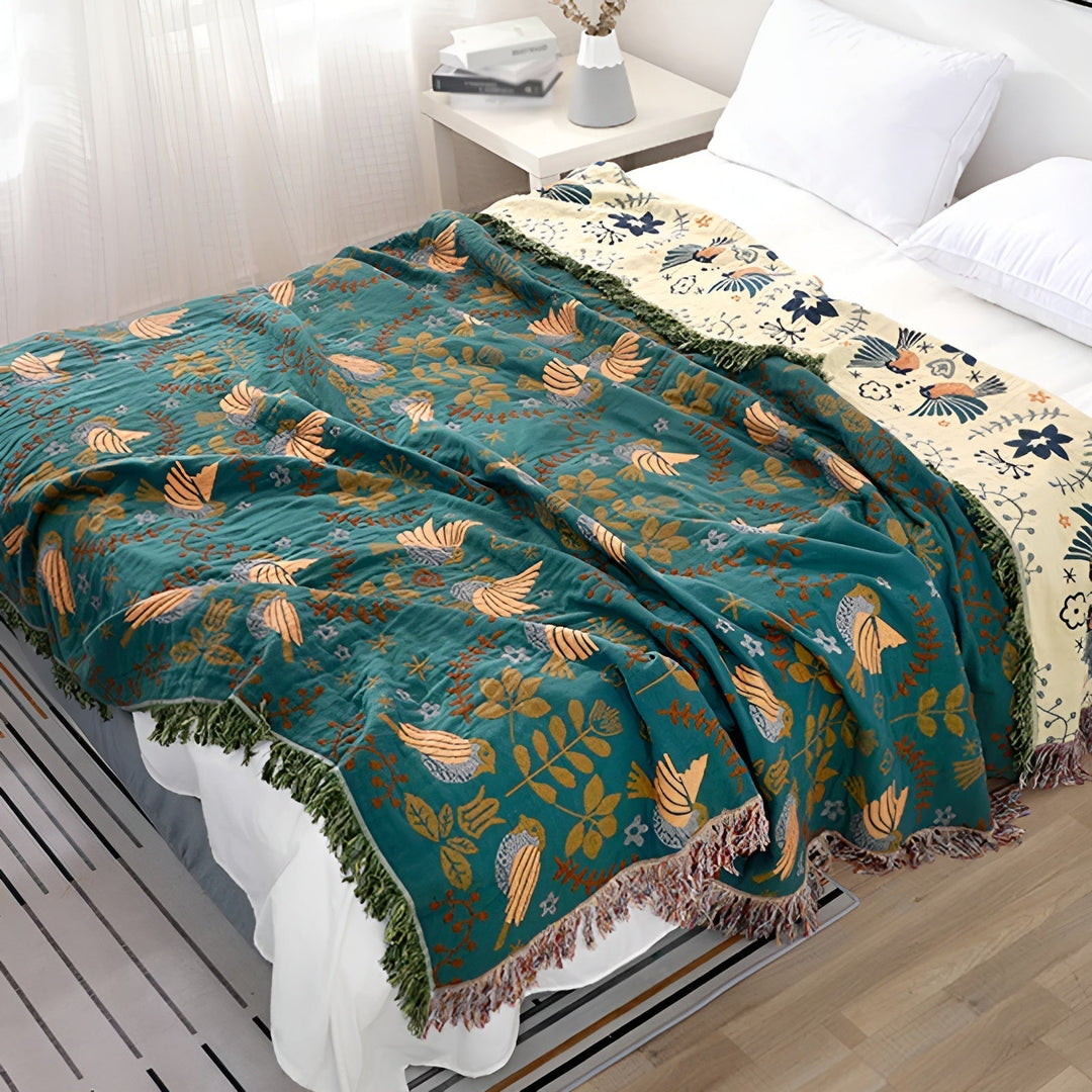 Naturanest Reversible Cotton Blanket - Bird and Flower Patterns - 100% Cotton with Elegant Embroidery