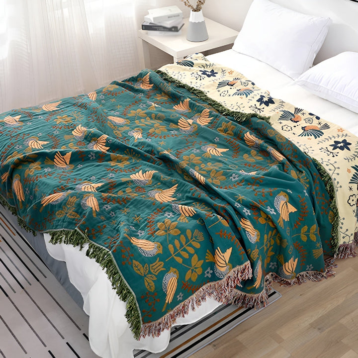 Naturanest Reversible Cotton Blanket - Bird and Flower Patterns - 100% Cotton with Elegant Embroidery