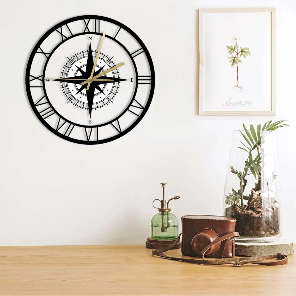 TimeVoyager - Nautical Compass Wall Clock - Elegant Silent Wall Clock