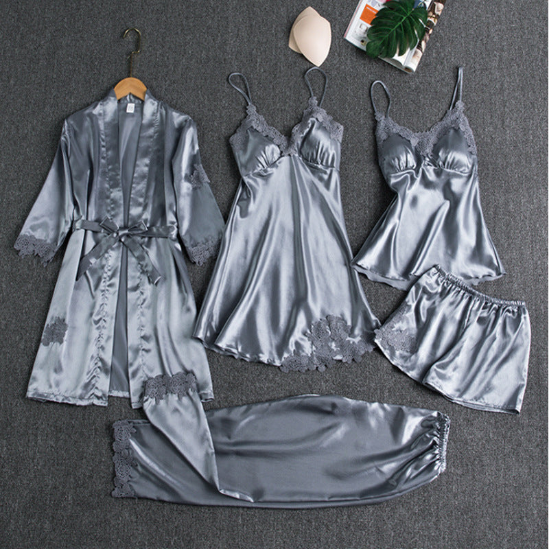SatinGlow - 5-Piece Satin Nightwear Set - Luxury Women's Pajama Set with Robe and Shorts