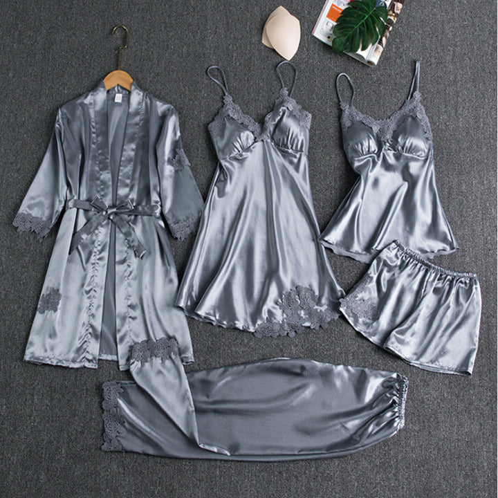 SatinGlow - 5-Piece Satin Nightwear Set - Luxury Women's Pajama Set with Robe and Shorts