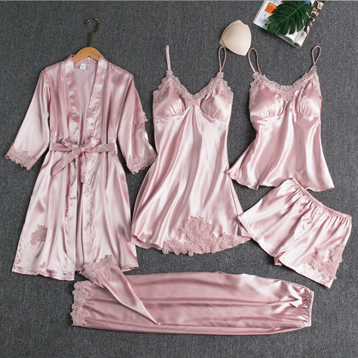 SatinGlow - 5-Piece Satin Nightwear Set - Luxury Women's Pajama Set with Robe and Shorts