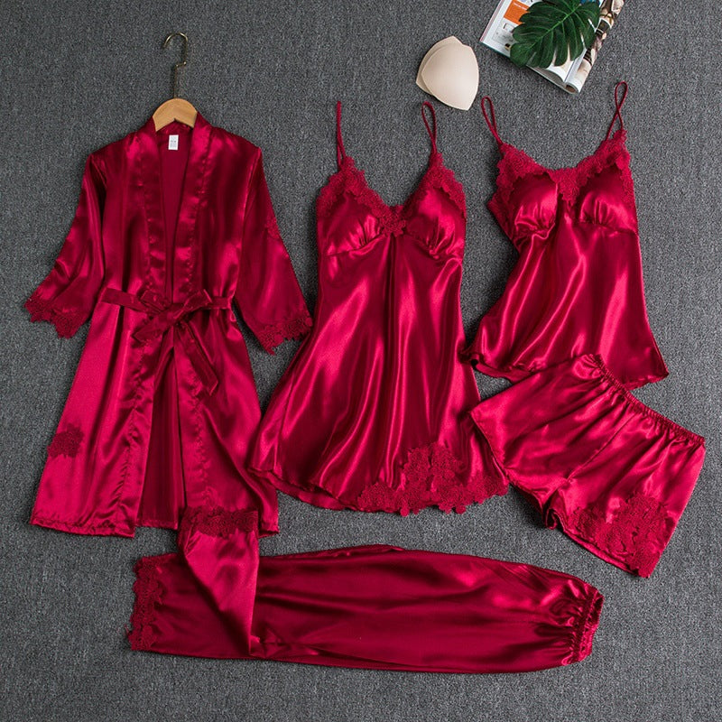 SatinGlow - 5-Piece Satin Nightwear Set - Luxury Women's Pajama Set with Robe and Shorts