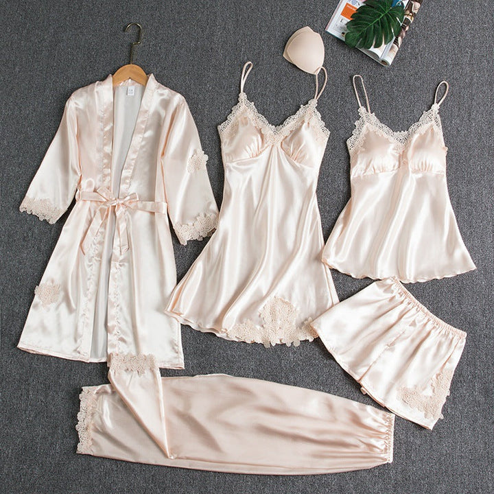 SatinGlow - 5-Piece Satin Nightwear Set - Luxury Women's Pajama Set with Robe and Shorts