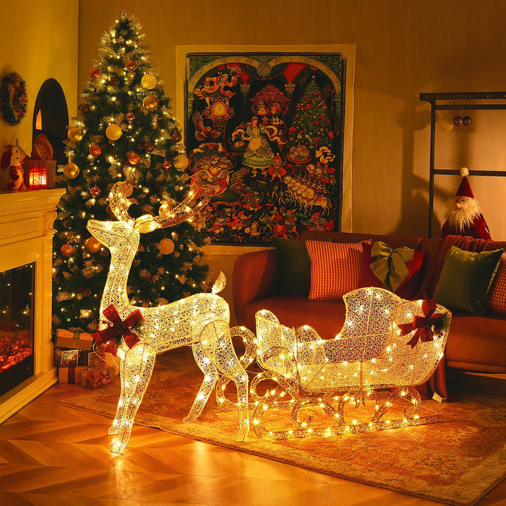 HolidayDeer – Illuminated Christmas Reindeer with Santa's Sleigh and 215 Lights