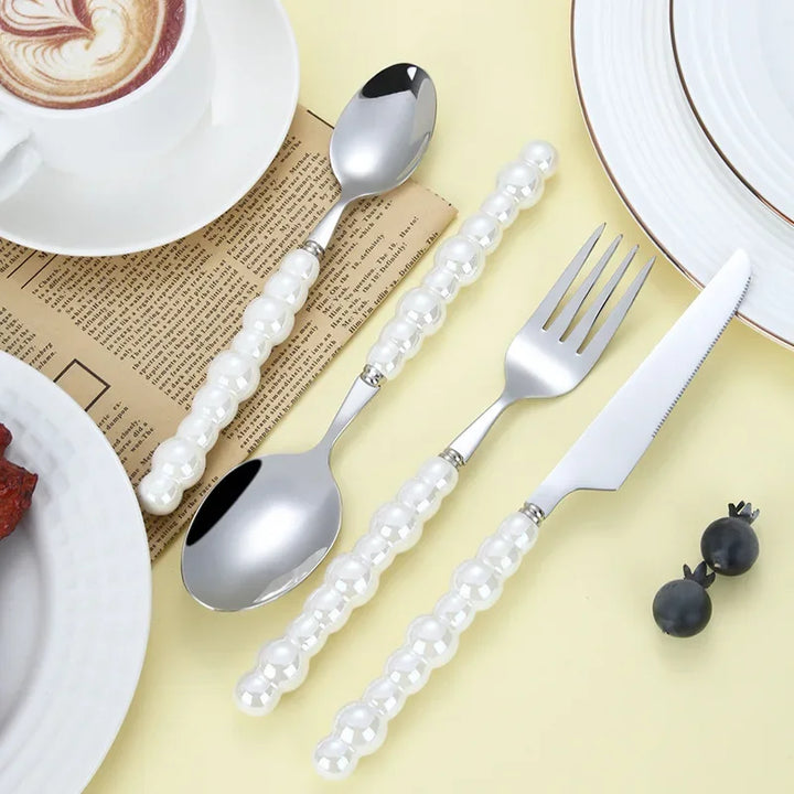 ElegantPearl | Luxe Cutlery Set with Silver Stainless Steel and Pearls