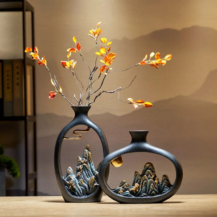 TranquilPeak Artistic Mountain Landscape Vases - Durable Ceramic with Detailed Mountain Design