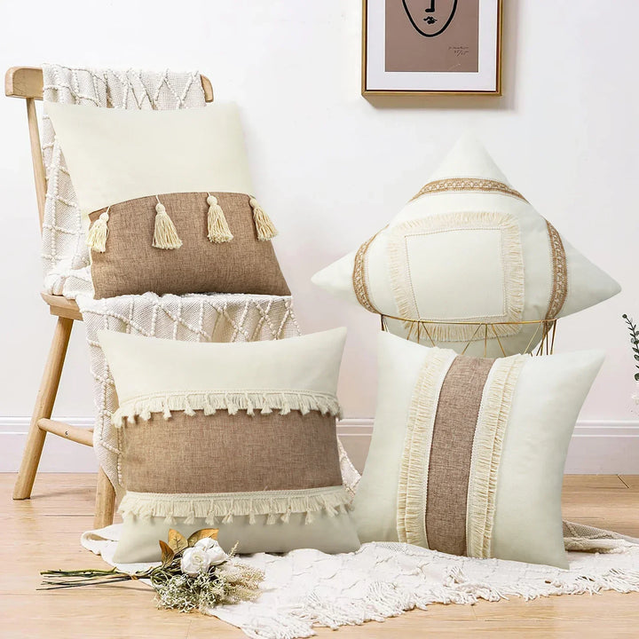BohoBlend | Elegant Beige Cushion with Geometric Design