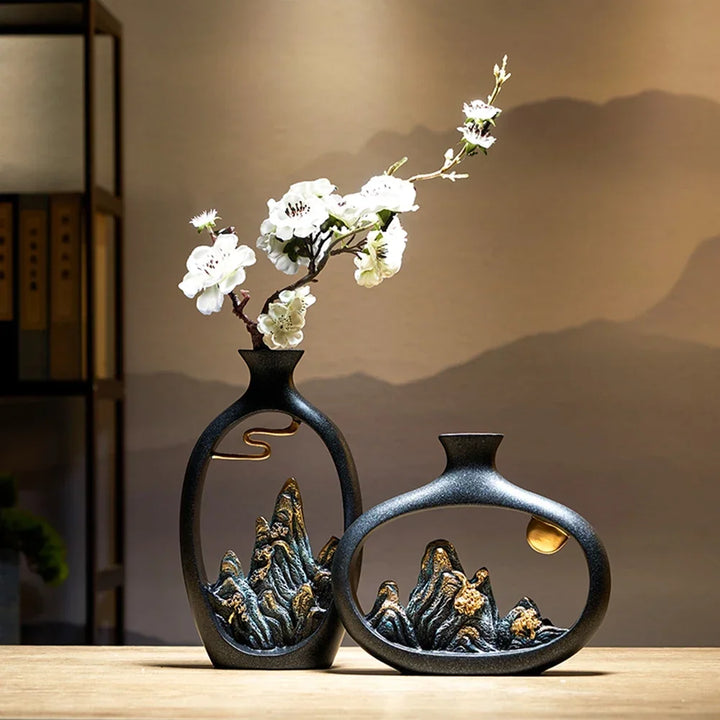 TranquilPeak Artistic Mountain Landscape Vases - Durable Ceramic with Detailed Mountain Design