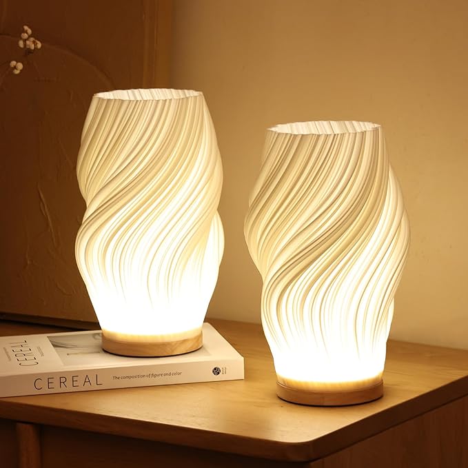LumiForma – Dimmable USB Table Lamp with Wavy Design and Wooden Base