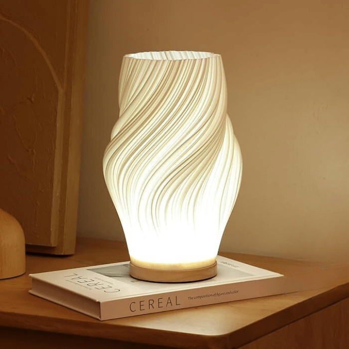 LumiForma – Dimmable USB Table Lamp with Wavy Design and Wooden Base