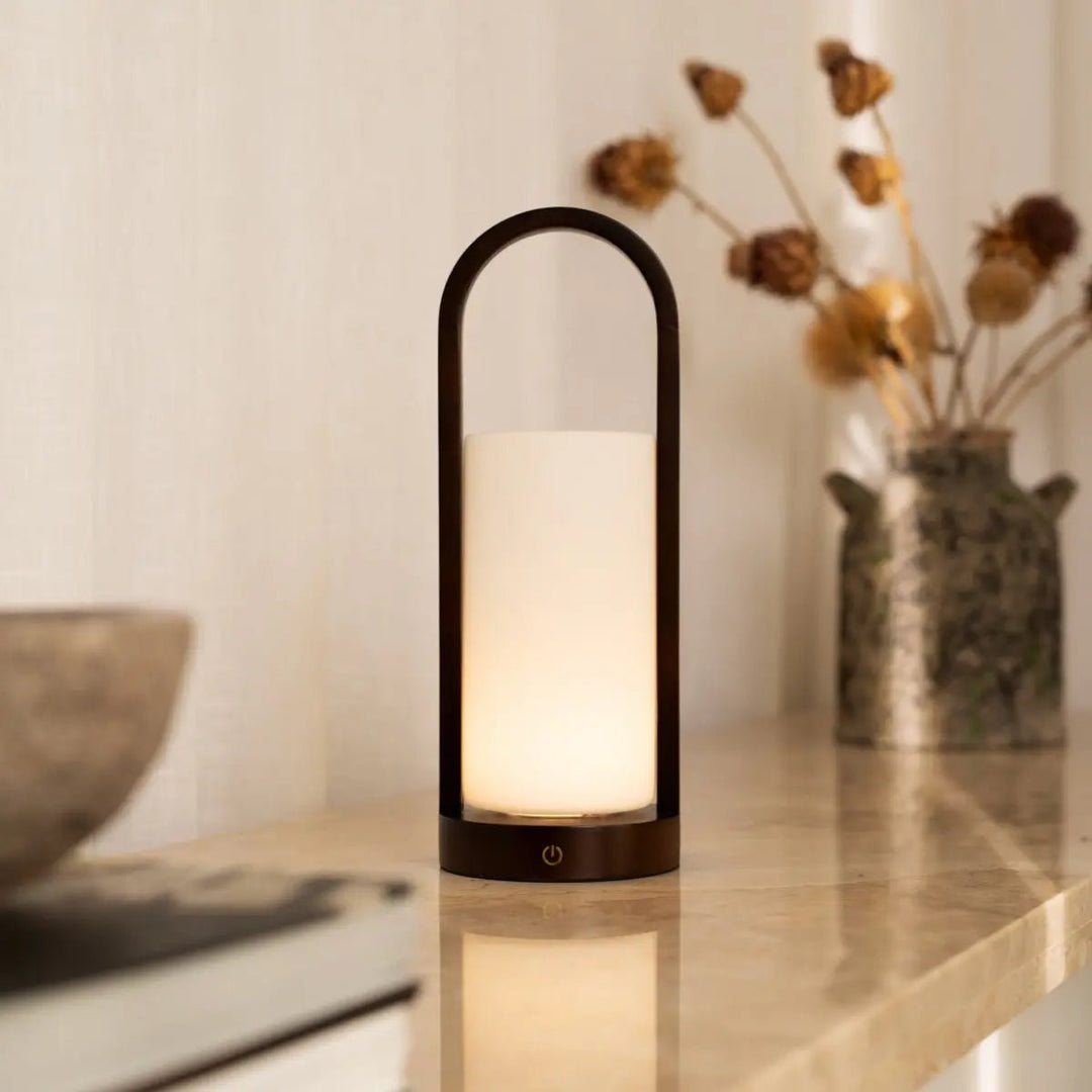 Evie Dark Brown Rechargeable Wooden Table Lamp – Dimmable & Cordless