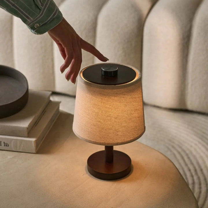 Rover dark brown wooden lamp – rechargeable, wireless, and dimmable lampshade
