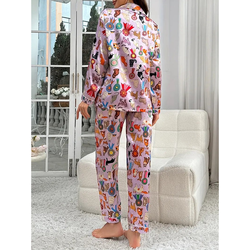 SatinChic | Satin Pajama Set with Cat Print for Autumn and Winter