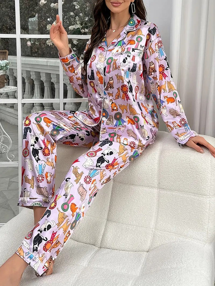 SatinChic | Satin Pajama Set with Cat Print for Autumn and Winter