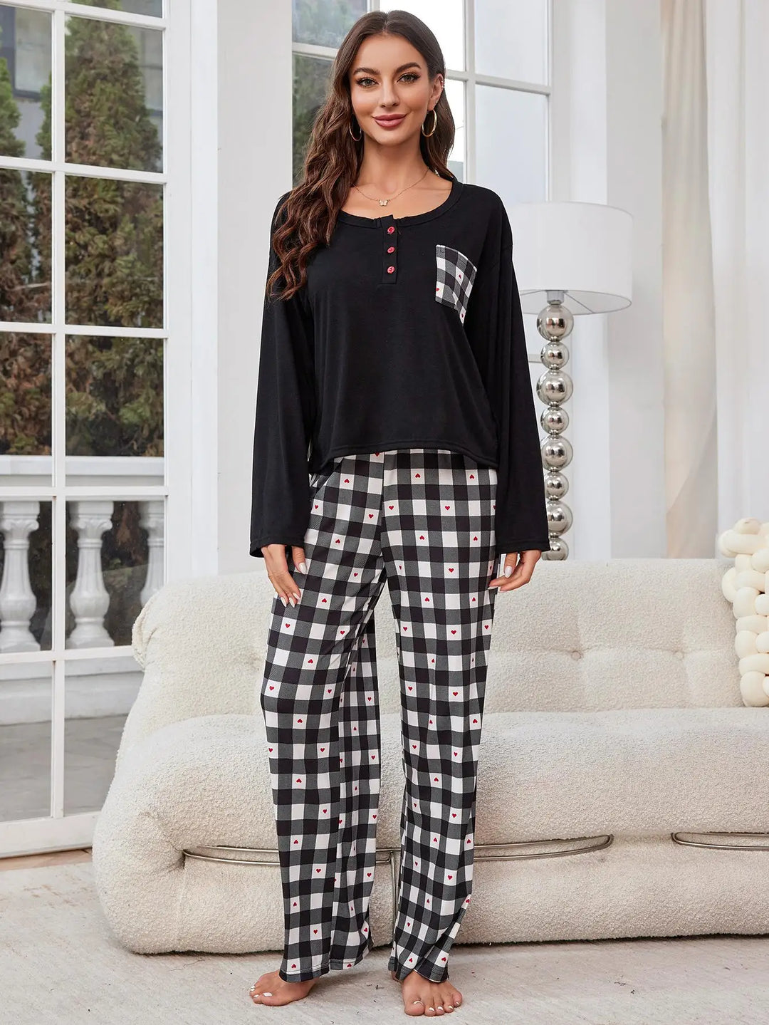 HartLuxe | Checked Women's Pajama Set with Long Sleeves and Button Closure