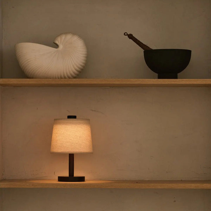Rover dark brown wooden lamp – rechargeable, wireless, and dimmable lampshade