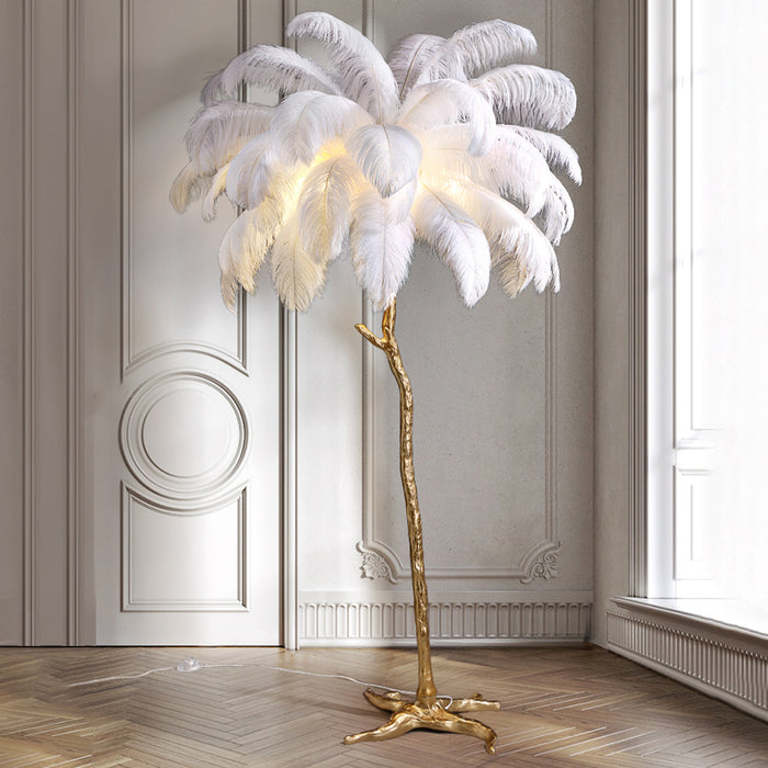 PlumaLuxe – Luxe Scandinavian Floor Lamp with Ostrich Feathers and Gold Finish