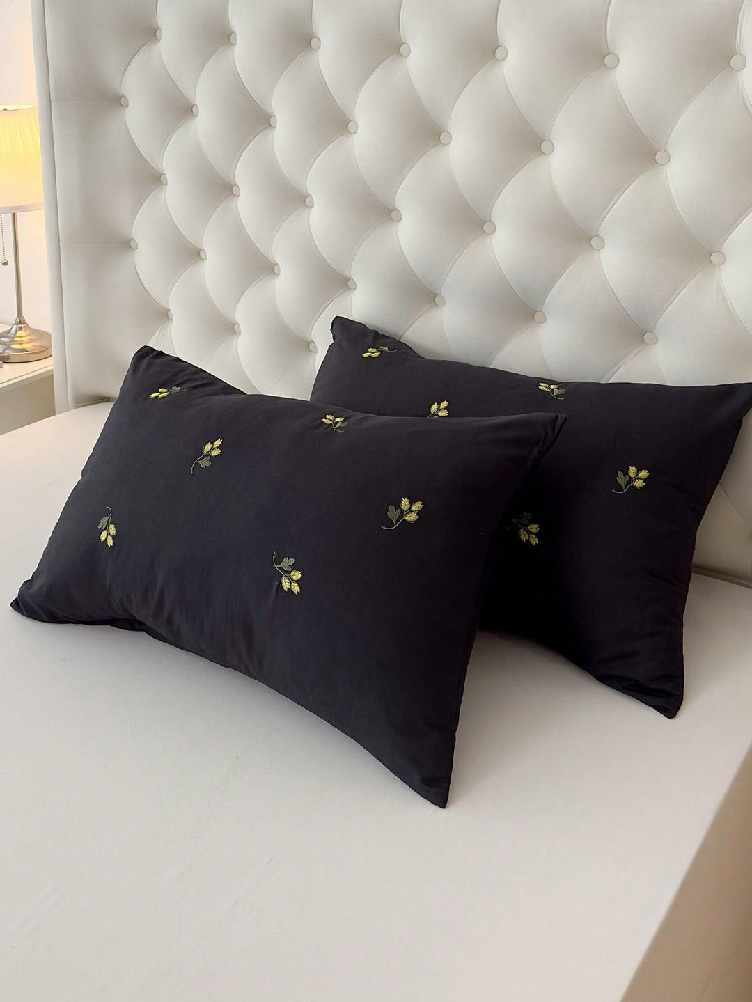 LunaDroom – Black Pillowcase Set – Embroidered Stars and Moon for Magical Nights