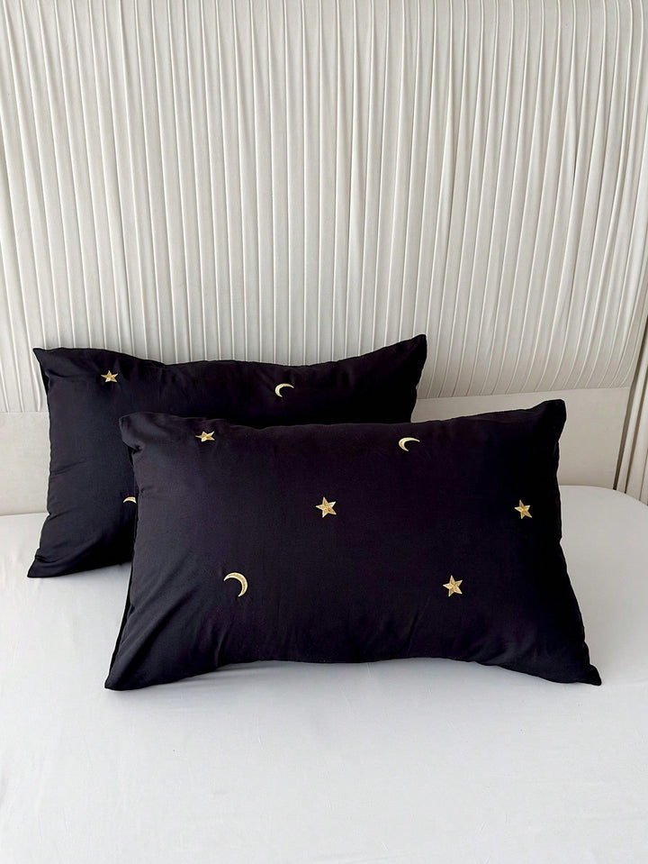 LunaDroom – Black Pillowcase Set – Embroidered Stars and Moon for Magical Nights