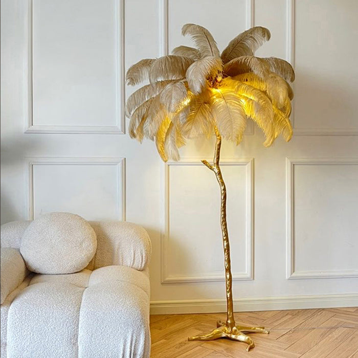 PlumaLuxe – Luxe Scandinavian Floor Lamp with Ostrich Feathers and Gold Finish